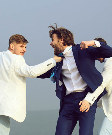 young people fighting with energy in nature on blue sky background, men in business outfit on wedding fight, marketing and fashion