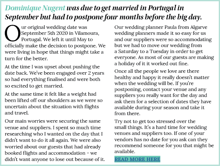 Dominique Nugent was due to get married in Portugal in September but had to postpone four months before the big day     