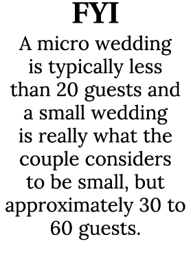 FYI A micro wedding is typically less than 20 guests and a small wedding is really what the couple considers to be sm...