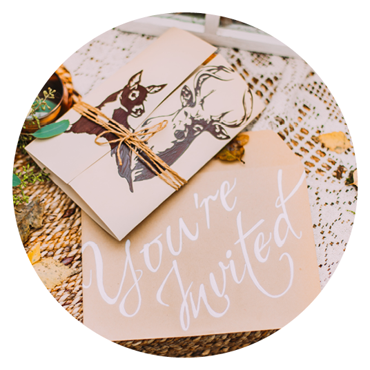 Wedding postcard invitation on the moss background close up