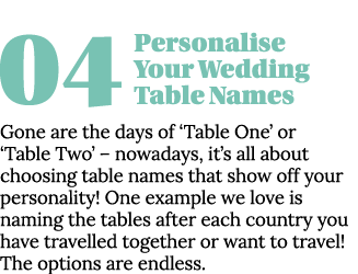  04Personalise Your Wedding Table Names Gone are the days of  Table One  or  Table Two    nowadays, it s all about ch   