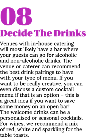 08 Decide The Drinks Venues with in-house catering will most likely have a bar where your guests can go for alcoholic   
