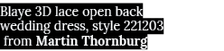 Blaye 3D lace open back wedding dress, style 221203 from Martin Thornburg