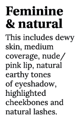 Feminine & natural This includes dewy skin, medium coverage, nude pink lip, natural earthy tones of eyeshadow, highli   