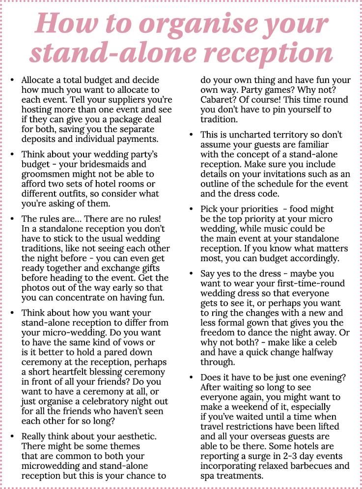 How to organise your stand-alone reception Allocate a total budget and decide how much you want to allocate to each e   