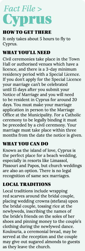 Fact File   Cyprus  How to get there It only takes about 5 hours to fly to Cyprus  What you ll need Civil ceremonies    
