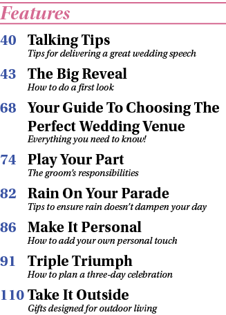 Features 40 Talking Tips Tips for delivering a great wedding speech 43 The Big Reveal How to do a first look 68 Your    