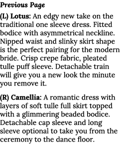 Previous Page (L) Lotus: An edgy new take on the traditional one sleeve dress  Fitted bodice with asymmetrical neckli   