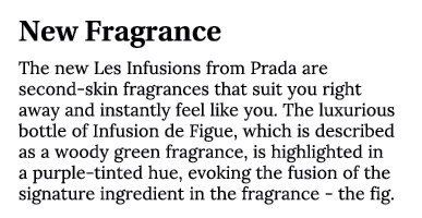 New Fragrance The new Les Infusions from Prada are second-skin fragrances that suit you right away and instantly feel   