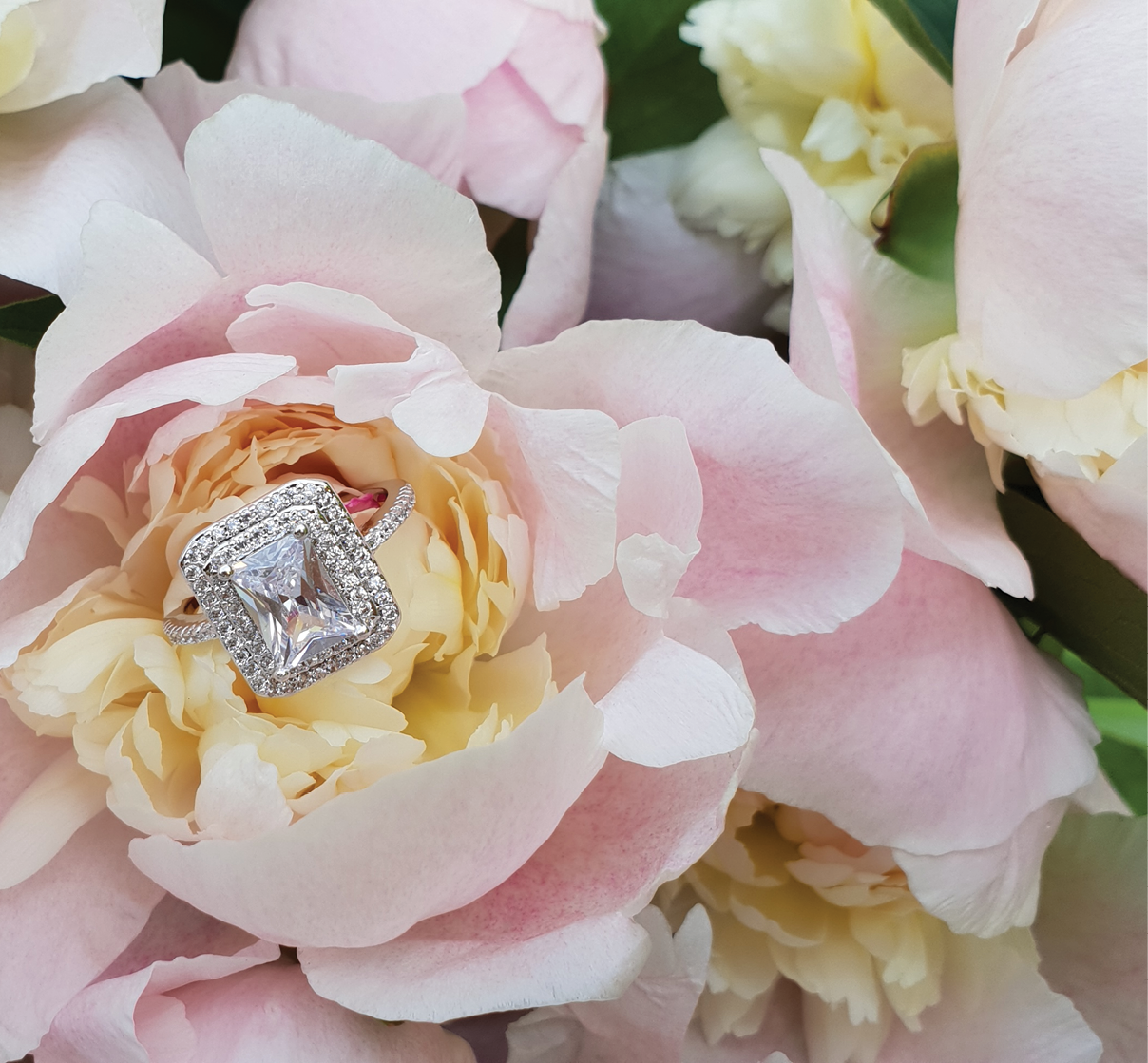 Blossoming peonies bouquet engagement ring