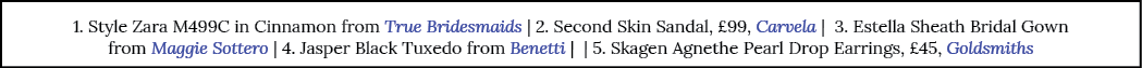 1  Style Zara M499C in Cinnamon from True Bridesmaids   2  Second Skin Sandal,  99, Carvela   3  Estella Sheath Brida   