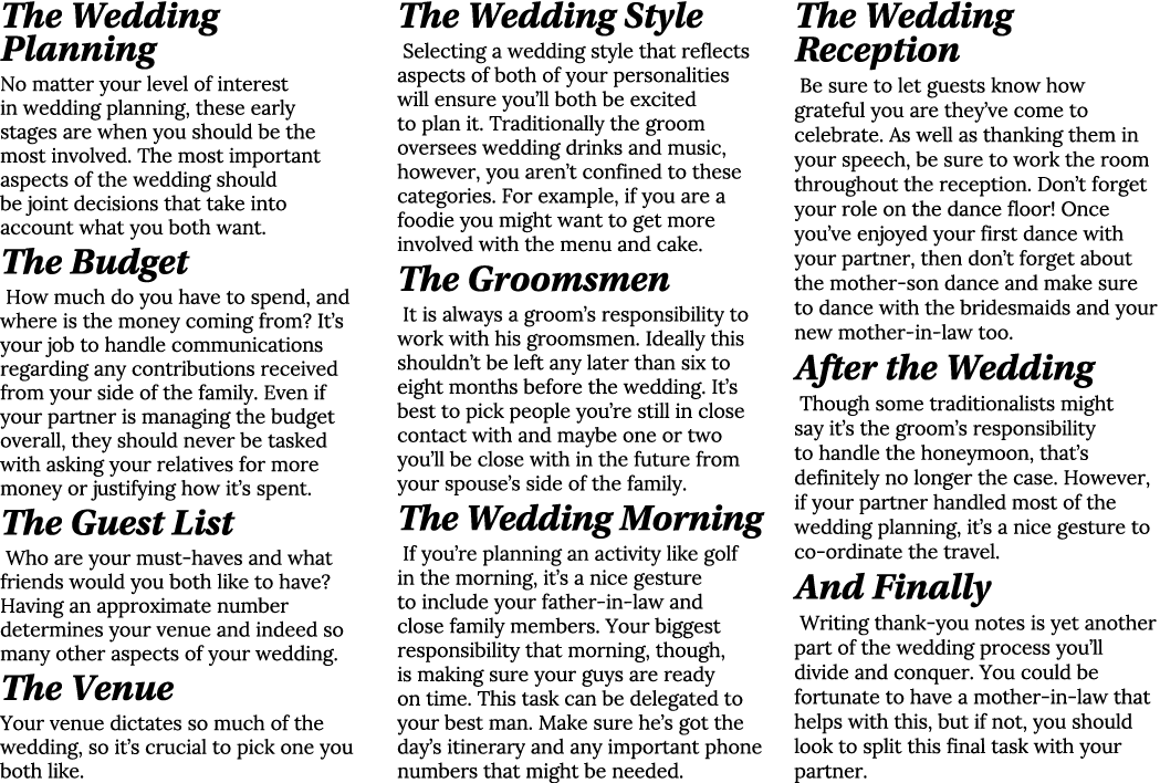 The Wedding Planning No matter your level of interest in wedding planning, these early stages are when you should be    