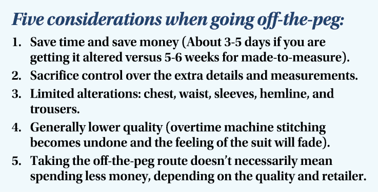 Five considerations when going off-the-peg: Save time and save money (About 3-5 days if you are getting it altered ve   