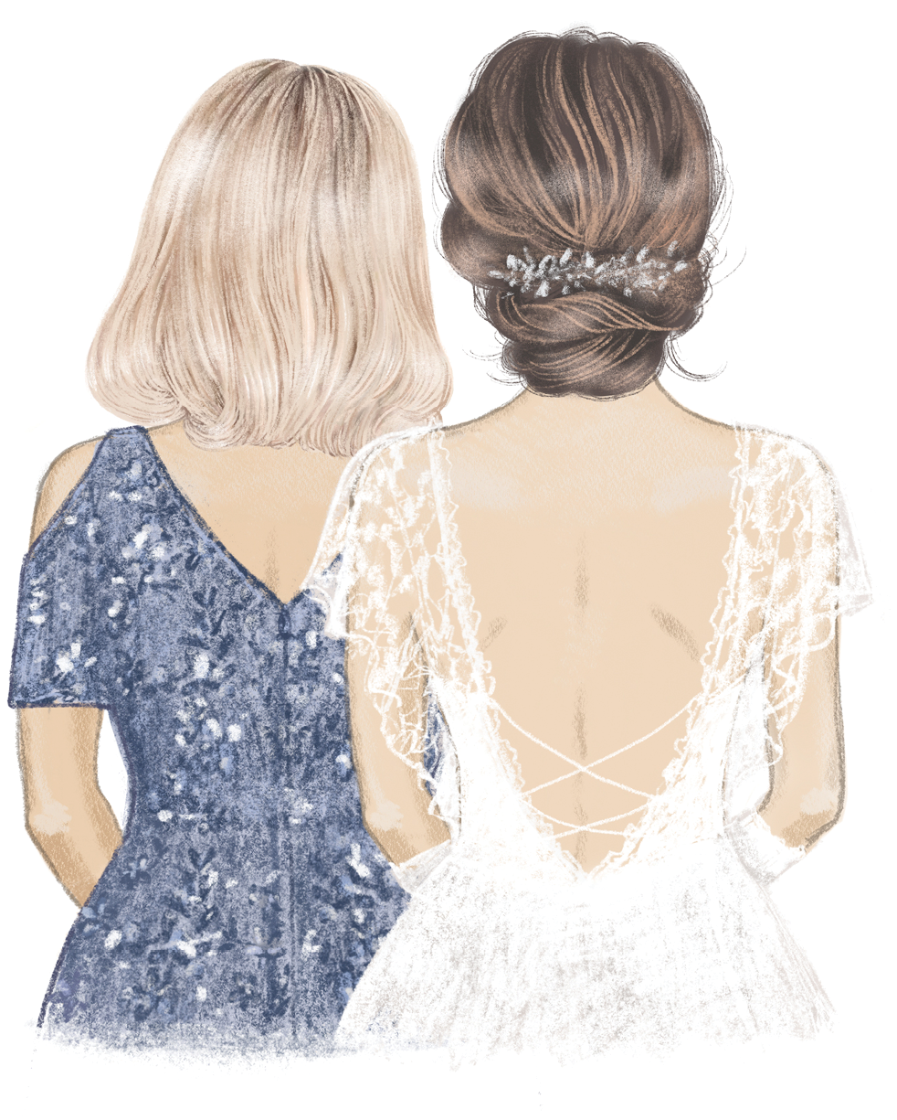 Bride with her Mother side by side. Hand drawn illustration