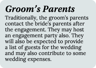 Groom’s Parents Traditionally, the groom’s parents contact the bride’s parents after the engagement. They may host an...