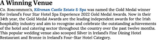 A Winning Venue Co. Roscommon’s, Kilronan Castle Estate & Spa was named the Gold Medal winner for Ireland’s Four Star...