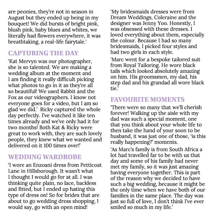 are peonies, they’re not in season in August but they ended up being in my bouquet! We did bursts of bright pink, blu...