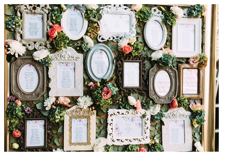 Vintage frames with the list of the wedding guests