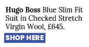 Hugo Boss Blue Slim Fit Suit in Checked Stretch Virgin Wool, £645. SHOP HERE