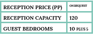 reception Price (pp),ON REQUEST,Reception capacity,120,guest bedrooms,10 Plus 5