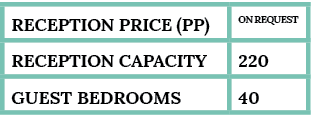 reception Price (pp),ON REQUEST,Reception capacity,220 ,guest bedrooms,40