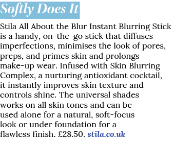 Softly Does It Stila All About the Blur Instant Blurring Stick is a handy, on the go stick that diffuses imperfection...