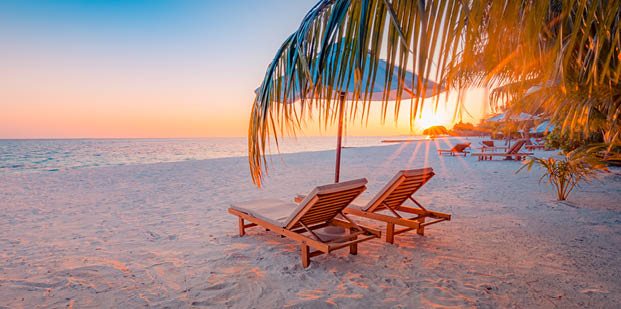 Tranquil tropical sunset scenery couple sun bed loungers, umbrella palm tree leaves  White sand sea view horizon, colorful twilight sky, calmness relaxation  Luxury vacation travel beach resort hotel