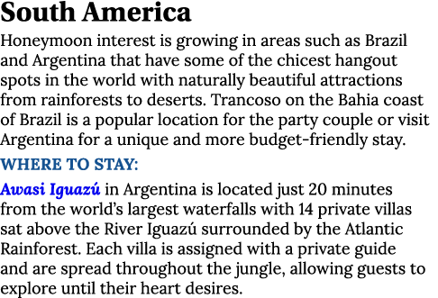 South America Honeymoon interest is growing in areas such as Brazil and Argentina that have some of the chicest hango   