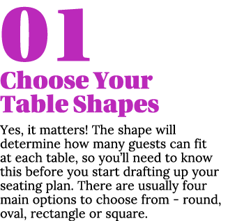 01 Choose Your Table Shapes Yes, it matters  The shape will determine how many guests can fit at each table, so you l   