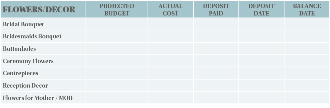 FLOWERS DECOR,PROJECTED BUDGET,ACTUAL COST,DEPOSIT PAID,DEPOSIT DATE,BALANCE DATE,Bridal Bouquet,,,,,,Bridesmaids Bou   