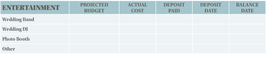 ENTERTAINMENT,PROJECTED BUDGET,ACTUAL COST,DEPOSIT PAID,DEPOSIT DATE,BALANCE DATE,Wedding Band,,,,,,Wedding DJ,,,,,,P   