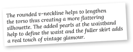 The rounded v-neckline helps to lengthen the torso thus creating a more flattering silhouette  The added pearls at th   