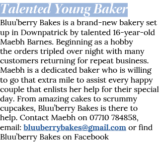 Talented Young Baker Bluu berry Bakes is a brand-new bakery set up in Downpatrick by talented 16-year-old Maebh Barne   