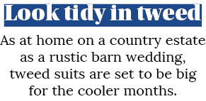 Look tidy in tweed As at home on a country estate as a rustic barn wedding, tweed suits are set to be big for the coo   