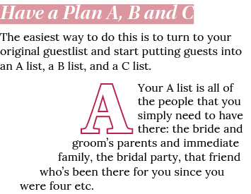 Have a Plan A, B and C The easiest way to do this is to turn to your original guestlist and start putting guests into   