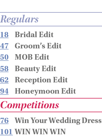  Regulars 18 Bridal Edit 47 Groom s Edit 50 MOB Edit 58 Beauty Edit 62 Reception Edit 94 Honeymoon Edit Competitions    