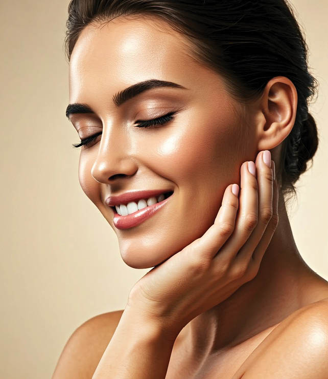 close up of beautiful brunette woman real smiling glowing skin closed eyes hand on face beige background studio light