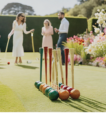 croquet party on the lawn with flowers and champagne