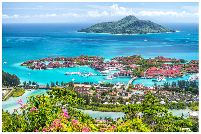 Aerial view of Mahe' Island, Seychelles. Vegetation and homes.
