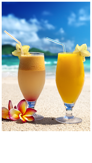 fresh fruit juices on a tropical beach