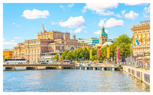 Stockholm, Sweden - 22 August, 2024: Scenic view of Stockholm city centre and Royal Opera house, panoramic travel photo.