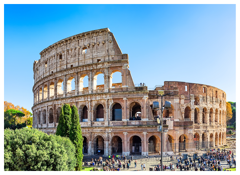 Colosseum (Coliseum) is one of main travel attraction of Rome, Italy. Ancient Roman ruins of Colosseum, landscape of old Rome city, Italy.