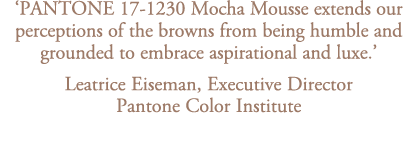 ‘PANTONE 17 1230 Mocha Mousse extends our perceptions of the browns from being humble and grounded to embrace aspirat...