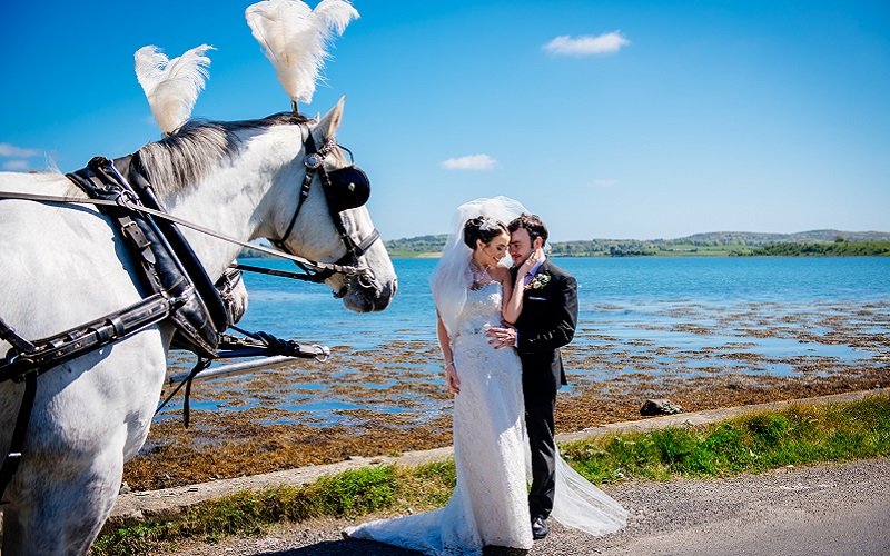 bride and groom and horse