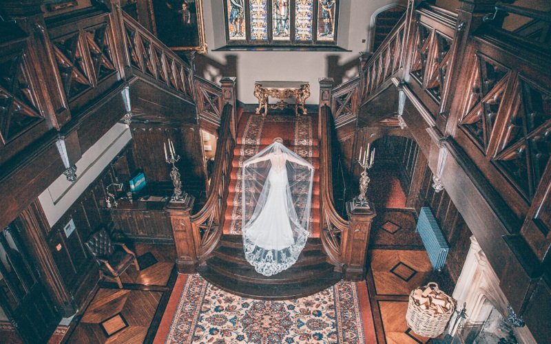 bride on stairs in Markree Castle