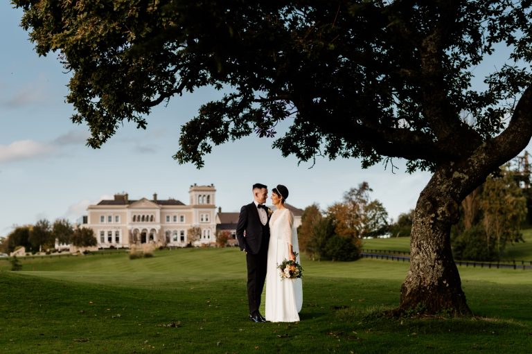A bride and groom in the grounds of the Manor House Hotel, Co. Fermanagh