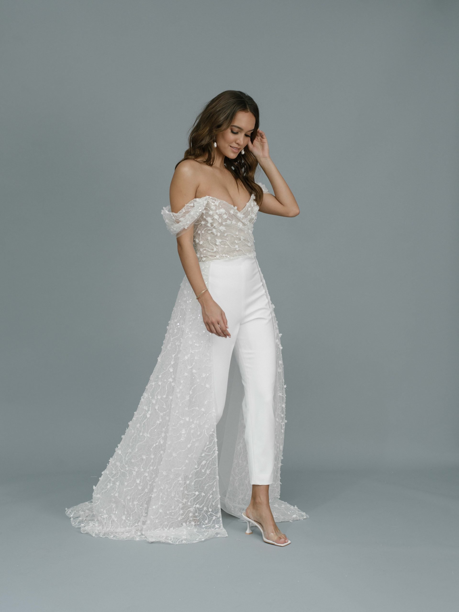 Sexy Illusion Wedding Jumpsuit with Overlay Tulle Overskirts Lace Appliqued Bridal  Dress Prom Jumpsuit with Detachable Train Ivory at Amazon Women's Clothing  store